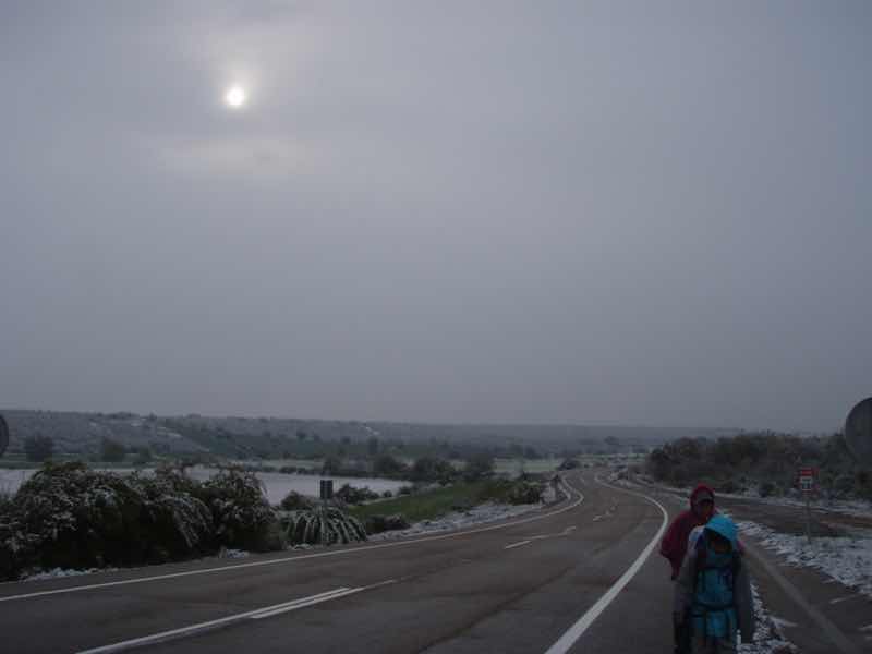 513 サアグーン 雪の中、朝日　1.2 道路　後ろ　サンティアゴ巡礼　