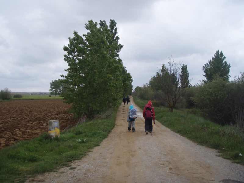 513 サアグーン 雨中田舎道　後ろ　1.2サンティアゴ巡礼　先に巡礼者近い