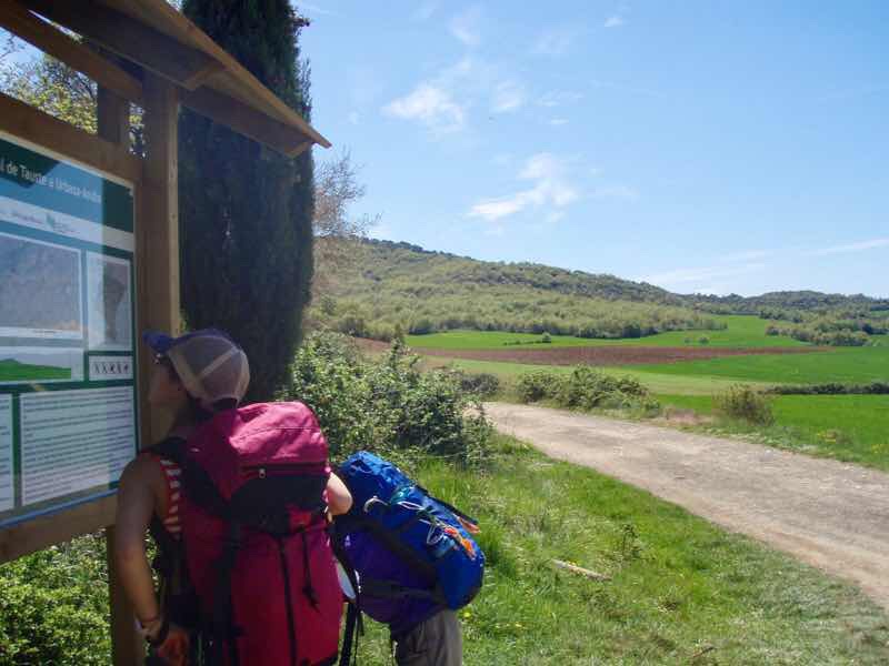 424 スペイン巡礼 町プエンテラレイナ 途中 掲示板 田舎道12