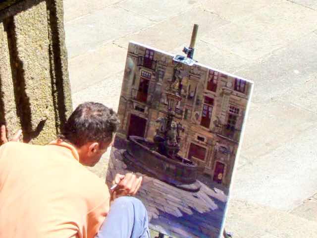 606サンティアゴ Santiago Camino 街並油絵アート