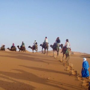 629サハラ砂漠ラクダトレッキング　丘登る　青いおじさん後